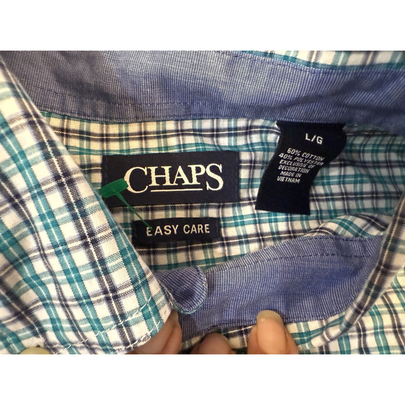 Ralph Lauren Chaps Shirt Mens LG Blue Plaid Button Down EZ Care Embroidered - Picture 3 of 4